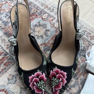 Dior Black and Pink Embroidered Slingback Heels